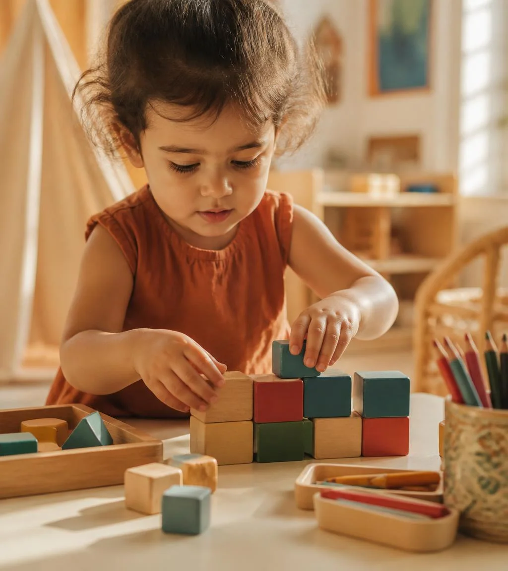 A toddler stacking colourful wooden blocks at a sunlit preschool table