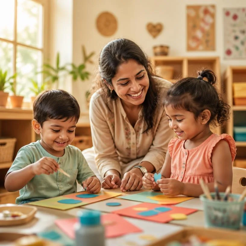 A preschool teacher doing a paper-craft activity with two children